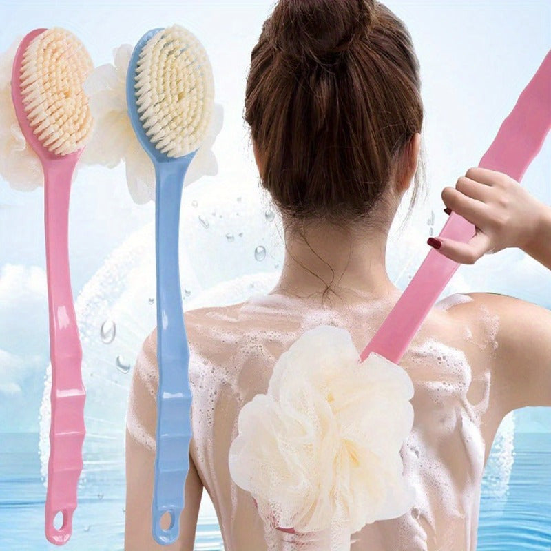 1pc 2-in-1 Dual-Headed Bath Brush with Soft Loofah - Battery-Free Back Scrubber, Dual-Color Heads (Blue & Pink), Ergonomic Handle for Exfoliating & Cleansing, Gentle Light Beige Care for Home & Commercial Use, Bath Accessories, Bathing Accessory, Dualhead