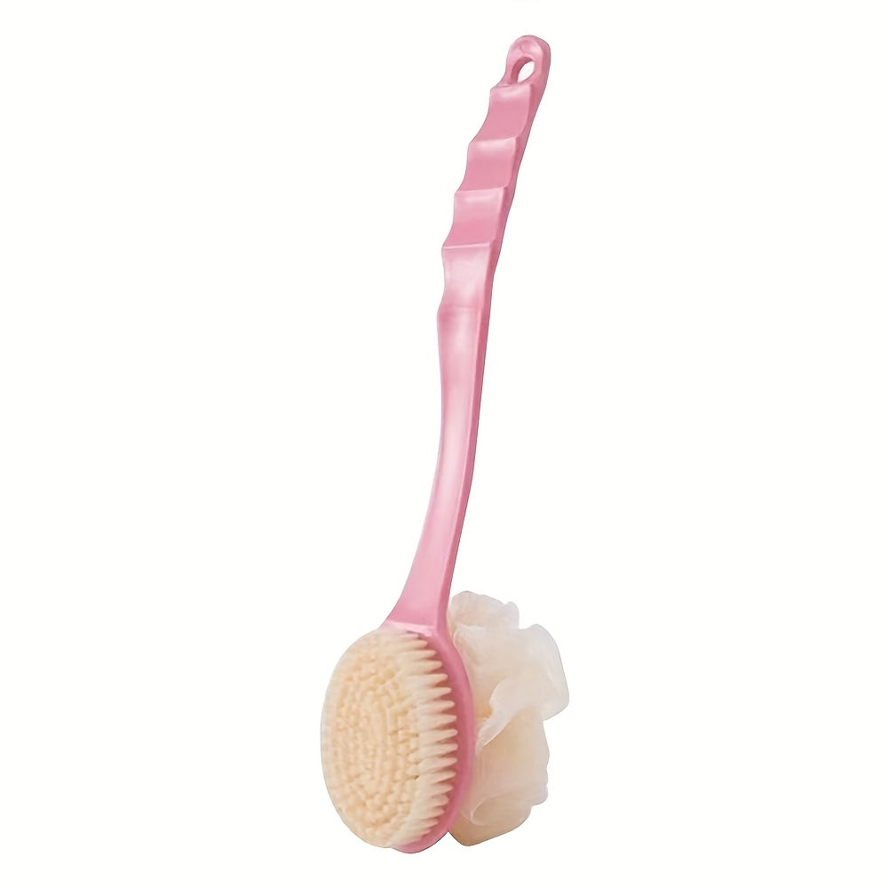 1pc 2-in-1 Dual-Headed Bath Brush with Soft Loofah - Battery-Free Back Scrubber, Dual-Color Heads (Blue & Pink), Ergonomic Handle for Exfoliating & Cleansing, Gentle Light Beige Care for Home & Commercial Use, Bath Accessories, Bathing Accessory, Dualhead