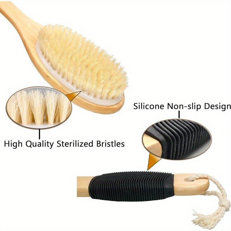 Ergonomic Bath Brush with Long Handle - Natural Soft Exfoliating Scrubber for Wet Or Dry Use, Non-Slip Grip