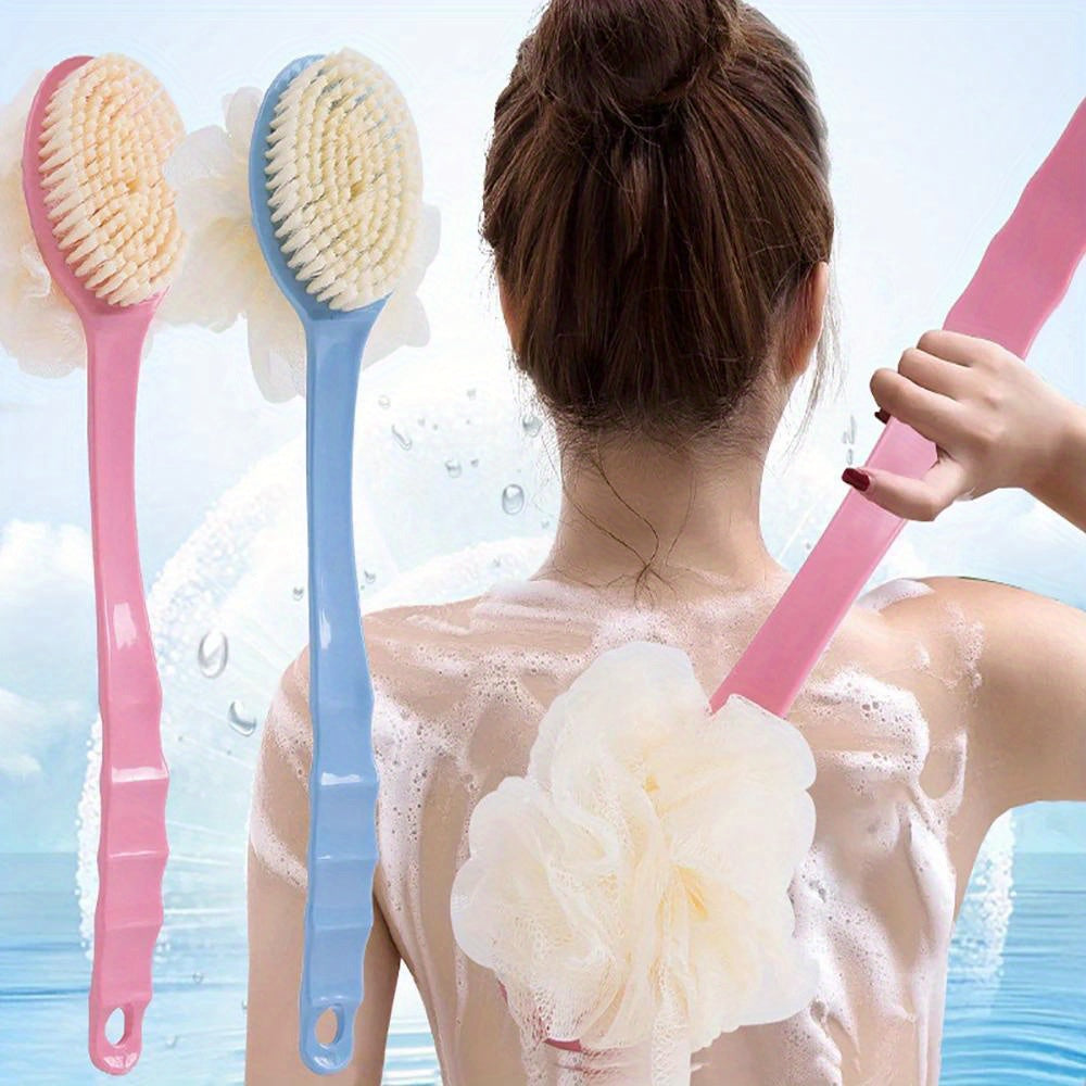 Two-in-One Dual-Headed Bath Brush with Soft Loofah for Back Scrubbing: No Battery Required, Oil-Free, Ergonomic Handle, Gentle on Sensitive Light Beige, Ideal for Travel & Home Use, Shower Scrubber, Sleek Design, Durable Plastic