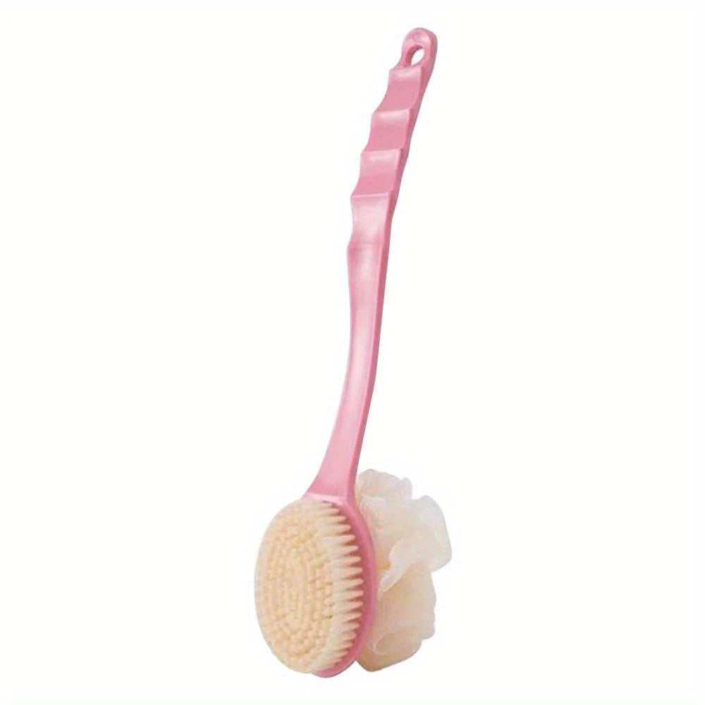 Two-in-One Dual-Headed Bath Brush with Soft Loofah for Back Scrubbing: No Battery Required, Oil-Free, Ergonomic Handle, Gentle on Sensitive Light Beige, Ideal for Travel & Home Use, Shower Scrubber, Sleek Design, Durable Plastic
