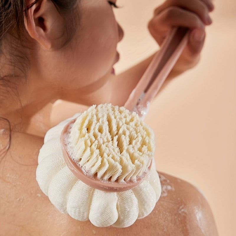 Dual-Sided Bath Body Brush with Long Handle - Non-Electric Exfoliating and Massage Back Scrubber with Bristle Brush & Loofah Sponge - Skin Cleansing and Exfoliating Tool for Men and Women - Bathroom Essentials & Accessory