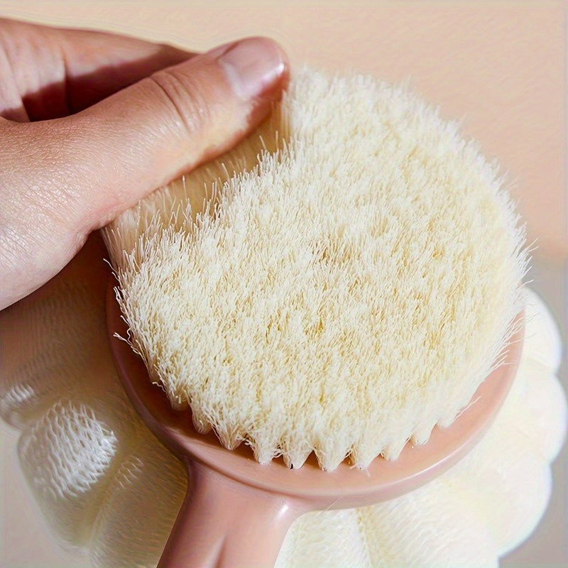 Dual-Sided Bath Body Brush with Long Handle - Non-Electric Exfoliating and Massage Back Scrubber with Bristle Brush & Loofah Sponge - Skin Cleansing and Exfoliating Tool for Men and Women - Bathroom Essentials & Accessory