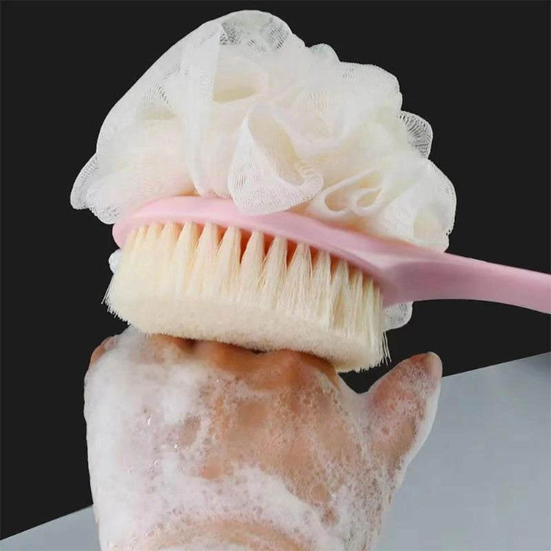 1pc 2-in-1 Dual-Headed Bath Brush with Soft Loofah - Battery-Free Back Scrubber, Dual-Color Heads (Blue & Pink), Ergonomic Handle for Exfoliating & Cleansing, Gentle Light Beige Care for Home & Commercial Use, Bath Accessories, Bathing Accessory, Dualhead