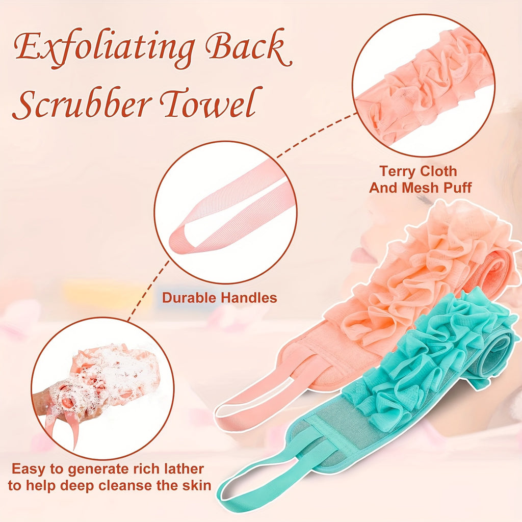Back Scrubber & Body Washer - Double-Sided Exfoliating Shower Cloth with Long Handle Strap, Pastel Pink/teal/gray/, for Back, Arms, Legs, Feet - Bathroom Shower Essentials for Women & Men - Durable Polyester Body Scrubber, Back Scrubber for Shower,