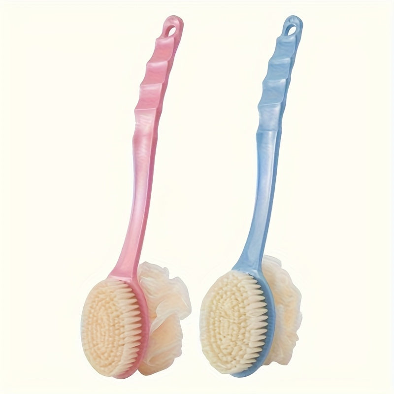1pc Long Handle Shower Brush with Double-Sided Mesh Exfoliating Scrubber, Gentle on Light Beige, Essential Bathroom Shower Accessory