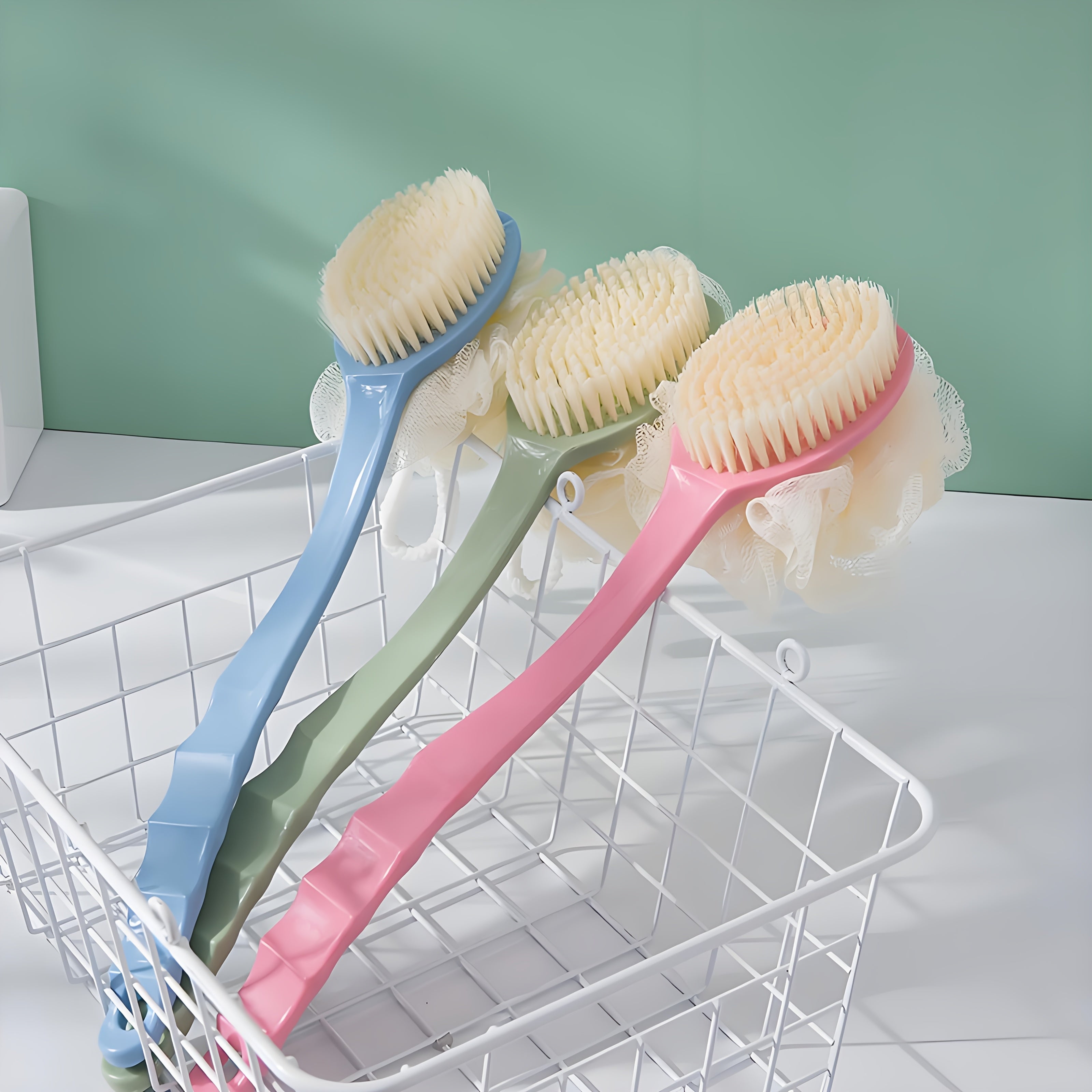 Two-in-One Dual-Headed Bath Brush with Soft Loofah for Back Scrubbing: No Battery Required, Oil-Free, Ergonomic Handle, Gentle on Sensitive Light Beige, Ideal for Travel & Home Use, Shower Scrubber, Sleek Design, Durable Plastic