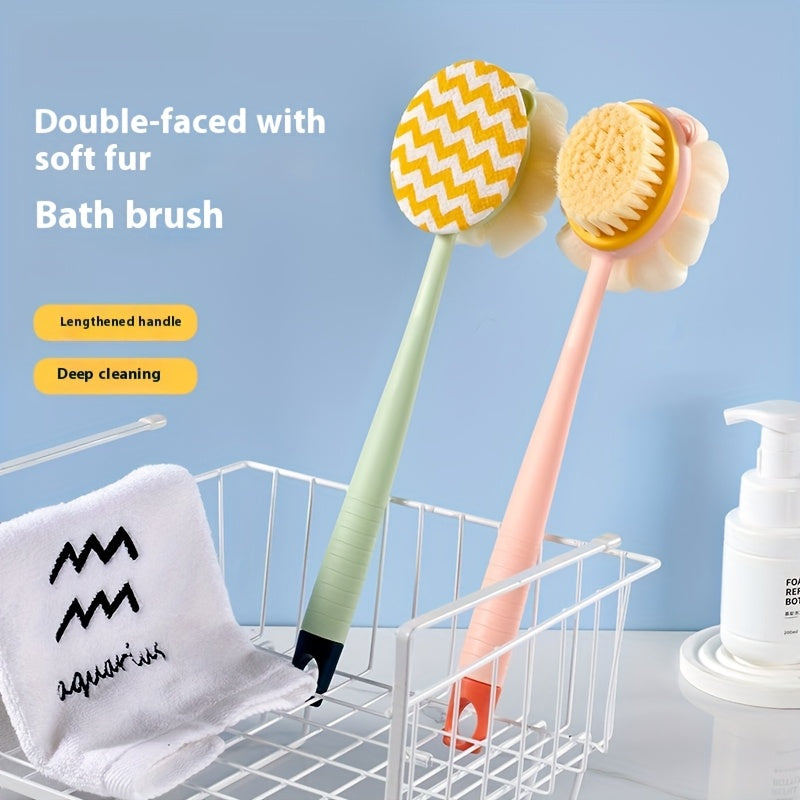 1pc Long-Handled Shower Body Brush with Bristles & Loofah – Curved Back Scrubber for Exfoliation, Massage, and Light Beige Care – 2-in-1 Bath Tool for Men & Women, Pink & Yellow Design, Exfoliating Scrubber, Longhandle Design, Durable Scrubber, Soft Mesh