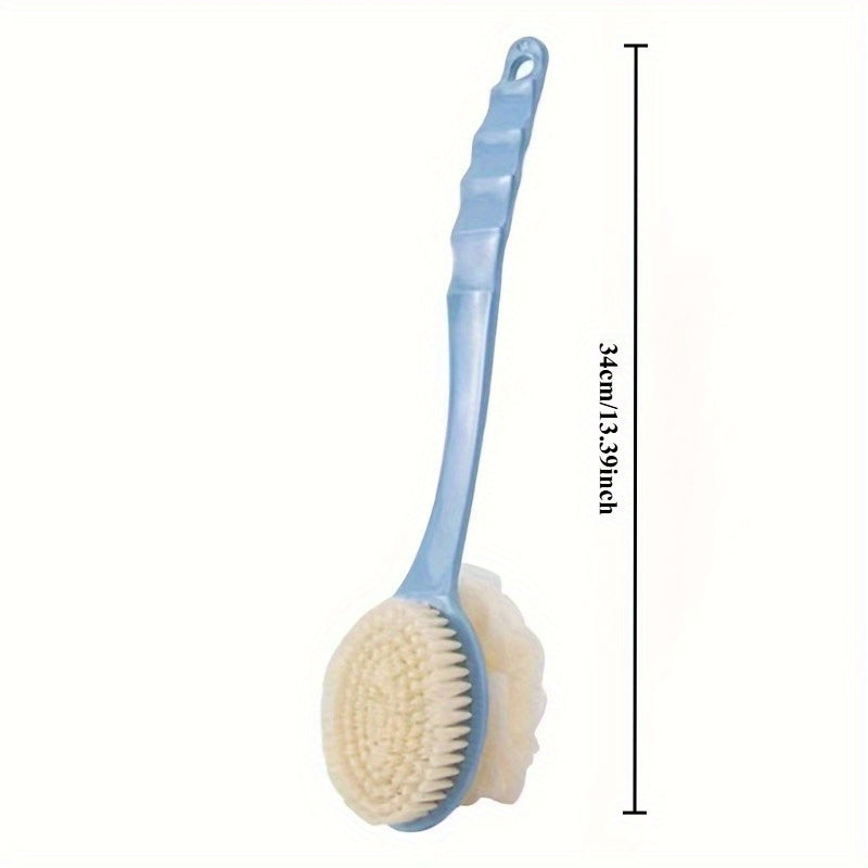 1pc 2-in-1 Dual-Headed Bath Brush with Soft Loofah - Battery-Free Back Scrubber, Dual-Color Heads (Blue & Pink), Ergonomic Handle for Exfoliating & Cleansing, Gentle Light Beige Care for Home & Commercial Use, Bath Accessories, Bathing Accessory, Dualhead