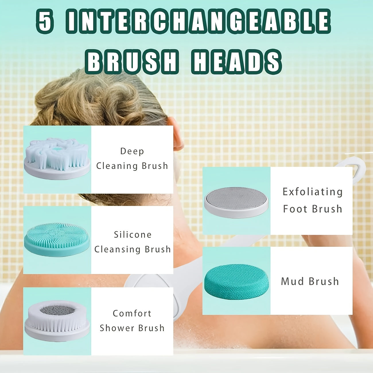 5-in-1 Electric Body, Back, Face & Shower Brush - USB-Powered Electric Shower Head with Long Handle, Interchangeable Heads - Soft Silicone Exfoliating Brush & Rotating Scrubber - for Full Body, Back, Face, Feet - Spa & Home Use - Ideal Self-Care Gift,