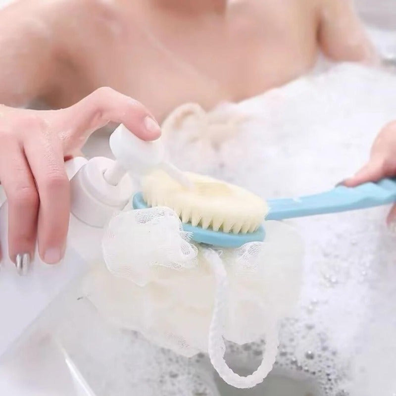 1pc 2-in-1 Dual-Headed Bath Brush with Soft Loofah - Battery-Free Back Scrubber, Dual-Color Heads (Blue & Pink), Ergonomic Handle for Exfoliating & Cleansing, Gentle Light Beige Care for Home & Commercial Use, Bath Accessories, Bathing Accessory, Dualhead