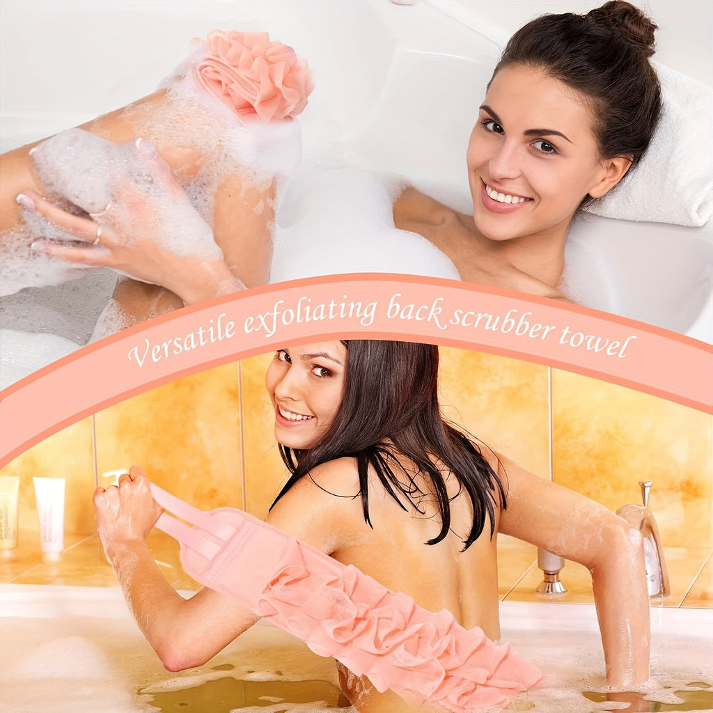 Back Scrubber & Body Washer - Double-Sided Exfoliating Shower Cloth with Long Handle Strap, Pastel Pink/teal/gray/, for Back, Arms, Legs, Feet - Bathroom Shower Essentials for Women & Men - Durable Polyester Body Scrubber, Back Scrubber for Shower,