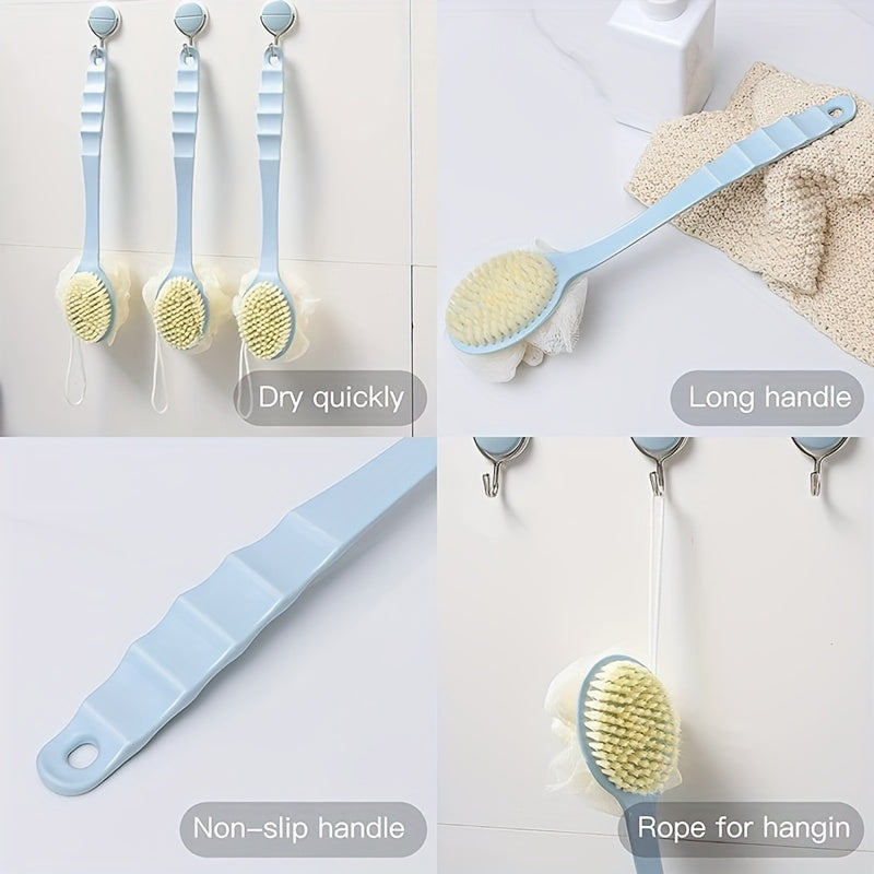3 Pack Back Shower Body Brushes | Shower Body Brush with Bristles and Loofah | Back Scrubber Bath Mesh Sponge for Wet or Dry Long Handle for Light Beige Exfoliating Bath, Exfoliating Light Beige for Men and Women (Blue)
