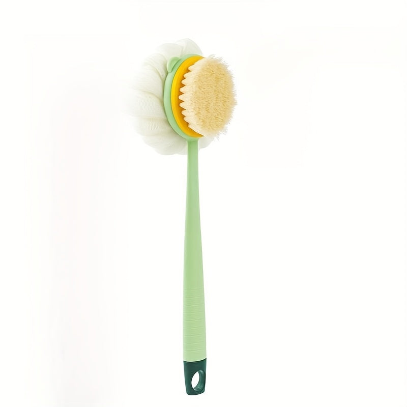 1pc Long-Handled Shower Body Brush with Bristles & Loofah – Curved Back Scrubber for Exfoliation, Massage, and Light Beige Care – 2-in-1 Bath Tool for Men & Women, Pink & Yellow Design, Exfoliating Scrubber, Longhandle Design, Durable Scrubber, Soft Mesh