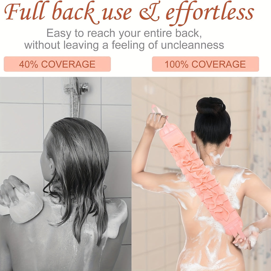 Back Scrubber & Body Washer - Double-Sided Exfoliating Shower Cloth with Long Handle Strap, Pastel Pink/teal/gray/, for Back, Arms, Legs, Feet - Bathroom Shower Essentials for Women & Men - Durable Polyester Body Scrubber, Back Scrubber for Shower,