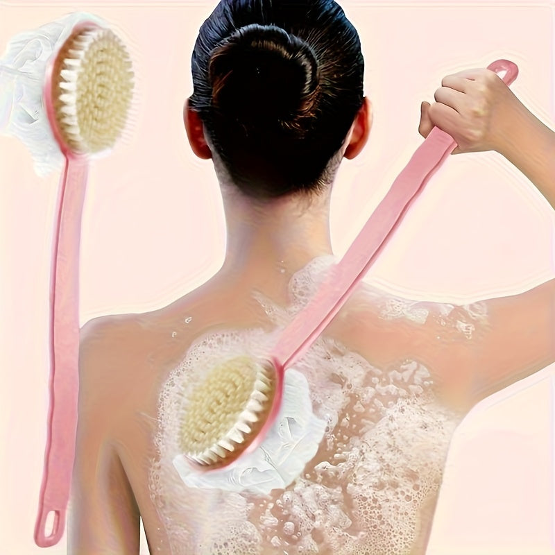 1pc Long Handle Shower Brush with Double-Sided Mesh Exfoliating Scrubber, Gentle on Light Beige, Essential Bathroom Shower Accessory