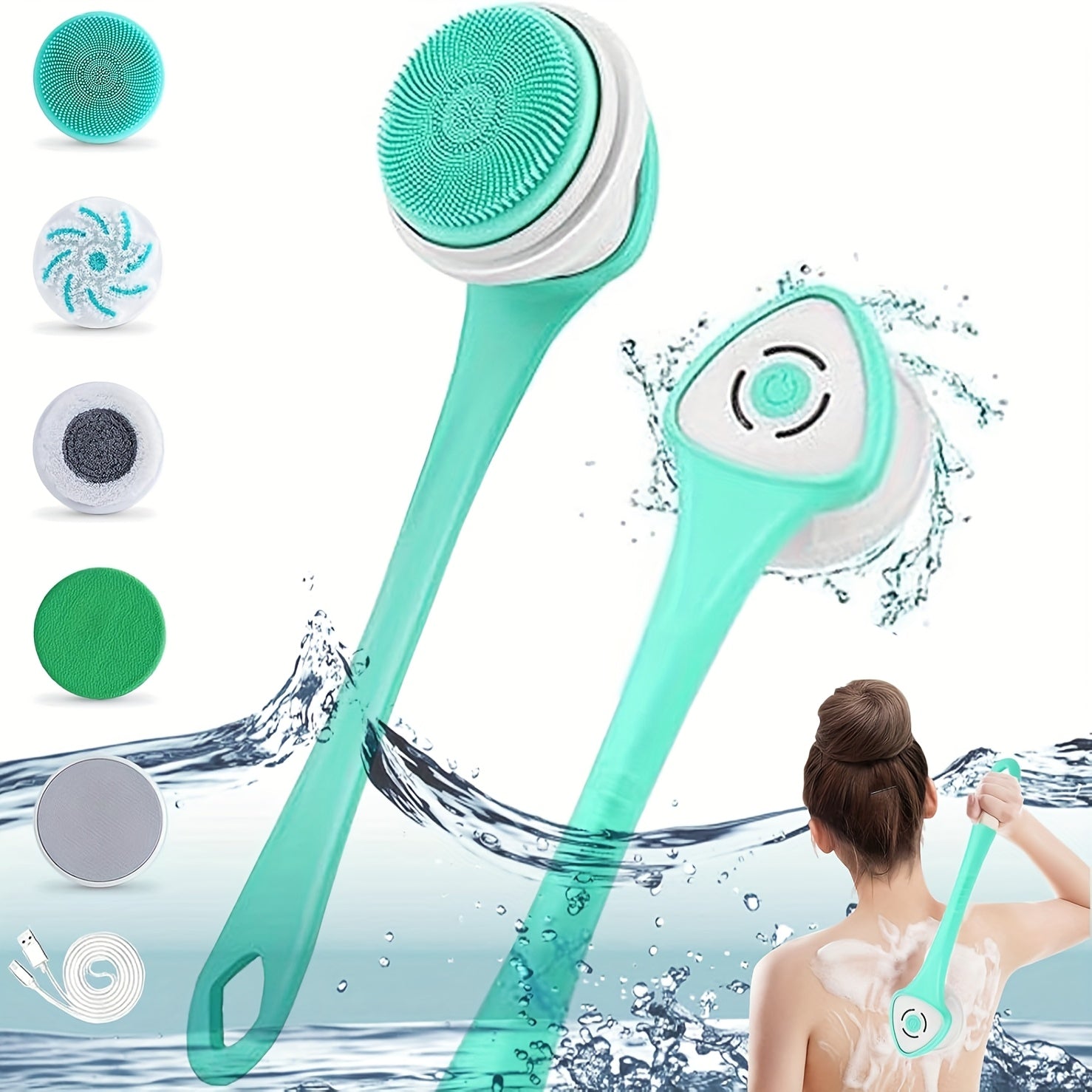 5-in-1 Electric Body, Back, Face & Shower Brush - USB-Powered Electric Shower Head with Long Handle, Interchangeable Heads - Soft Silicone Exfoliating Brush & Rotating Scrubber - for Full Body, Back, Face, Feet - Spa & Home Use - Ideal Self-Care Gift,