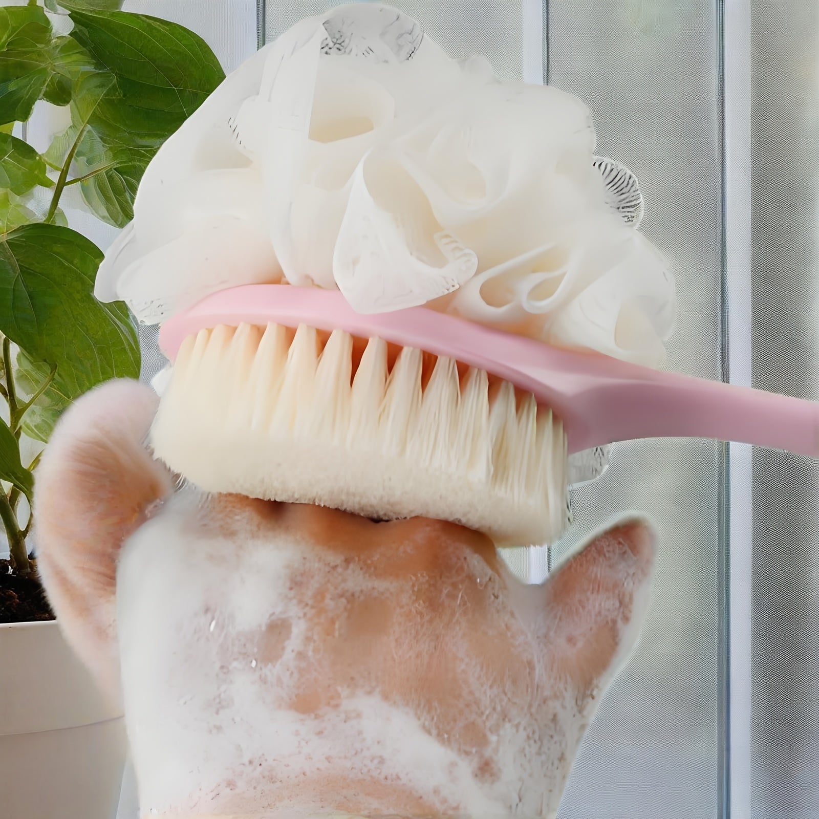 Two-in-One Dual-Headed Bath Brush with Soft Loofah for Back Scrubbing: No Battery Required, Oil-Free, Ergonomic Handle, Gentle on Sensitive Light Beige, Ideal for Travel & Home Use, Shower Scrubber, Sleek Design, Durable Plastic