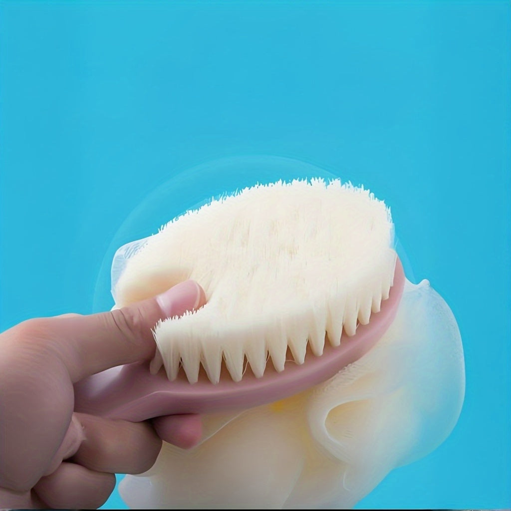 Two-in-One Dual-Headed Bath Brush with Soft Loofah for Back Scrubbing: No Battery Required, Oil-Free, Ergonomic Handle, Gentle on Sensitive Light Beige, Ideal for Travel & Home Use, Shower Scrubber, Sleek Design, Durable Plastic