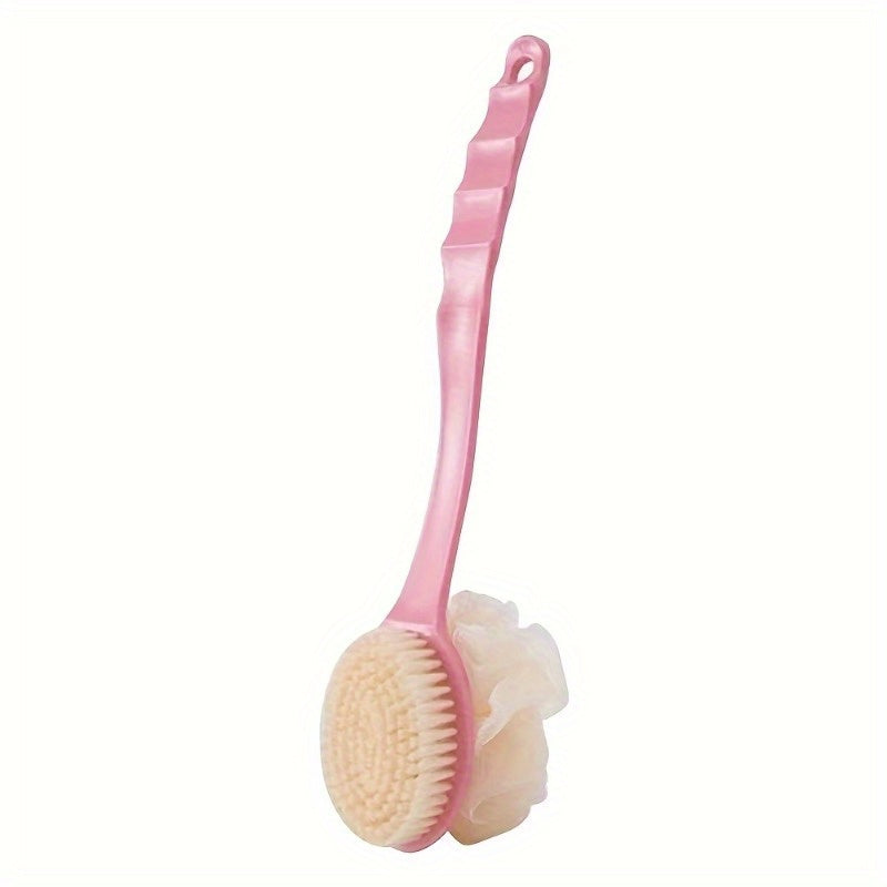 1pc 2-in-1 Dual-Headed Bath Brush with Soft Loofah - Battery-Free Back Scrubber, Dual-Color Heads (Blue & Pink), Ergonomic Handle for Exfoliating & Cleansing, Gentle Light Beige Care for Home & Commercial Use, Bath Accessories, Bathing Accessory, Dualhead