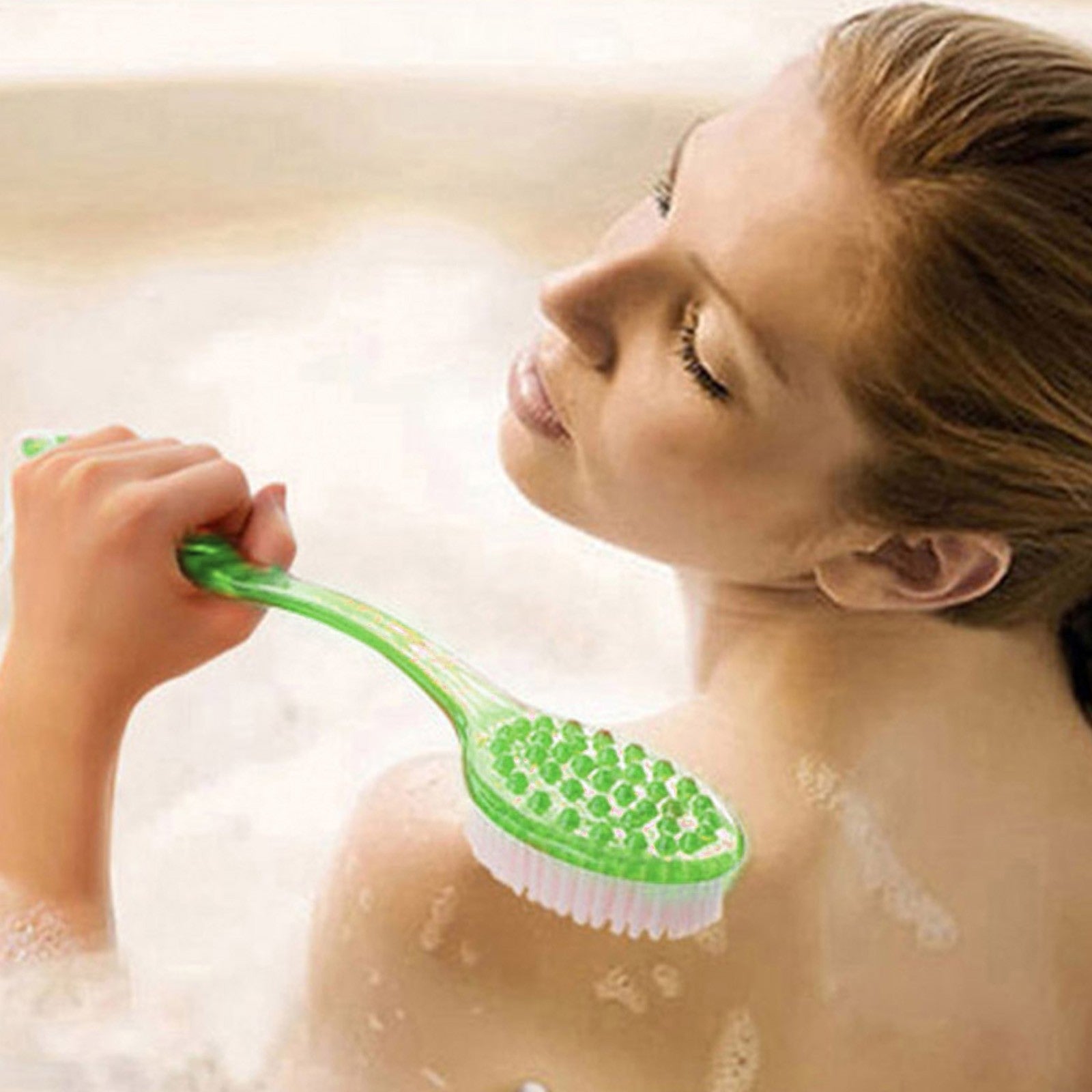 1pc Long Handle Bath & Shower Brush with Exfoliating Bristles - Green Ergonomic Body Massager, Durable Bristles for Deep Cleansing, Light Beige Scrub & Shower/Bath Use - Manual Operation, No Electricity, Easy Storage (Bathroom/Kitchen)