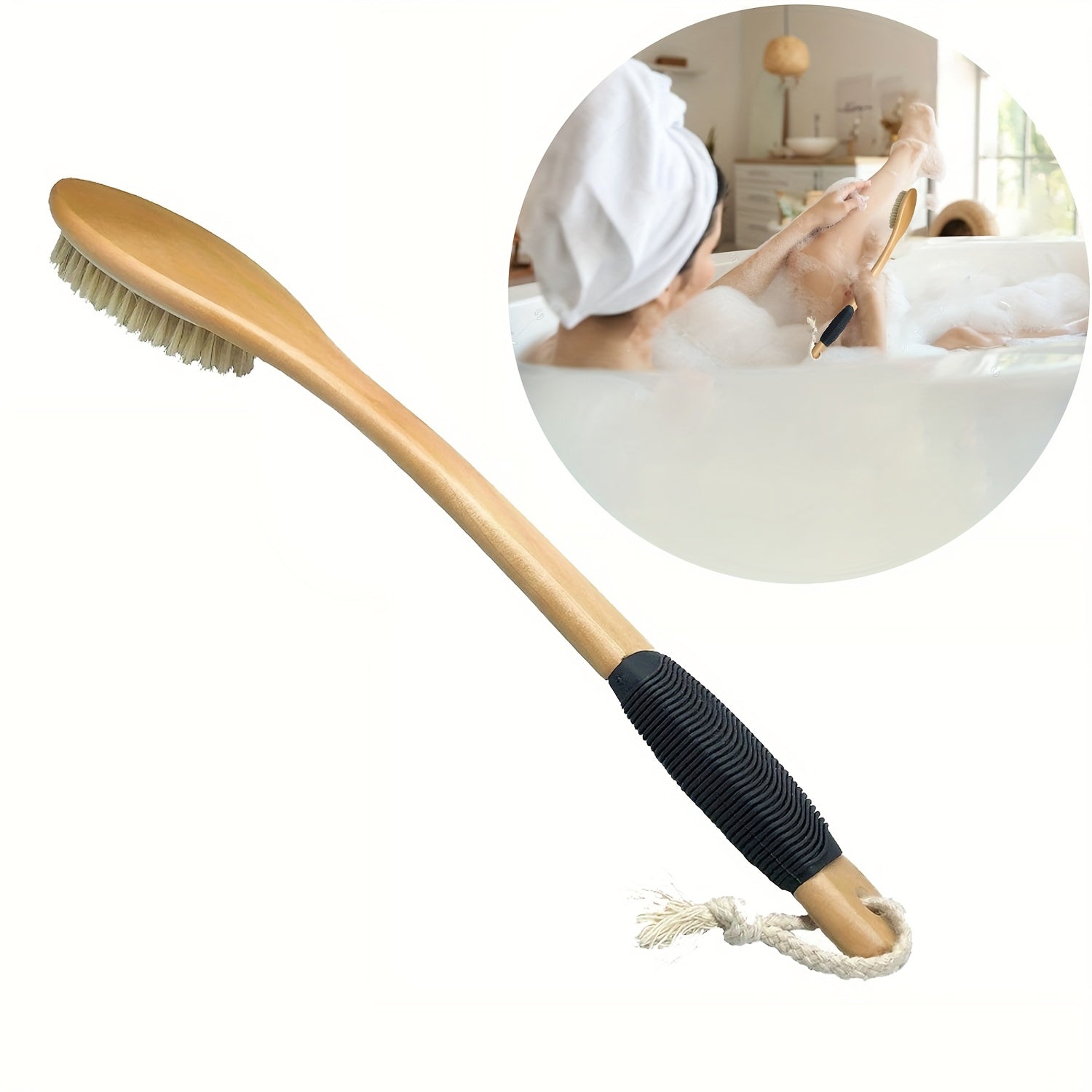 Ergonomic Bath Brush with Long Handle - Natural Soft Exfoliating Scrubber for Wet Or Dry Use, Non-Slip Grip