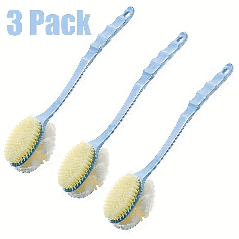 3 Pack Back Shower Body Brushes | Shower Body Brush with Bristles and Loofah | Back Scrubber Bath Mesh Sponge for Wet or Dry Long Handle for Light Beige Exfoliating Bath, Exfoliating Light Beige for Men and Women (Blue)