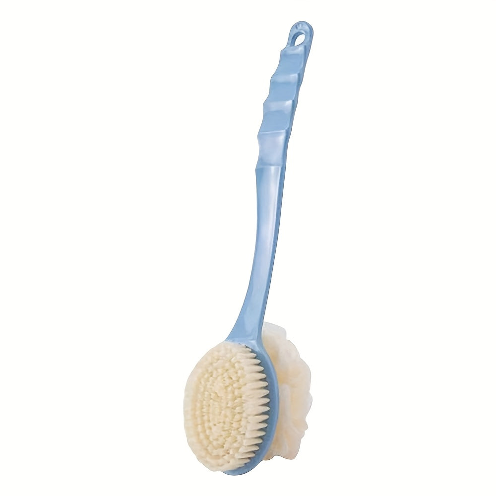 1pc 2-in-1 Dual-Headed Bath Brush with Soft Loofah - Battery-Free Back Scrubber, Dual-Color Heads (Blue & Pink), Ergonomic Handle for Exfoliating & Cleansing, Gentle Light Beige Care for Home & Commercial Use, Bath Accessories, Bathing Accessory, Dualhead