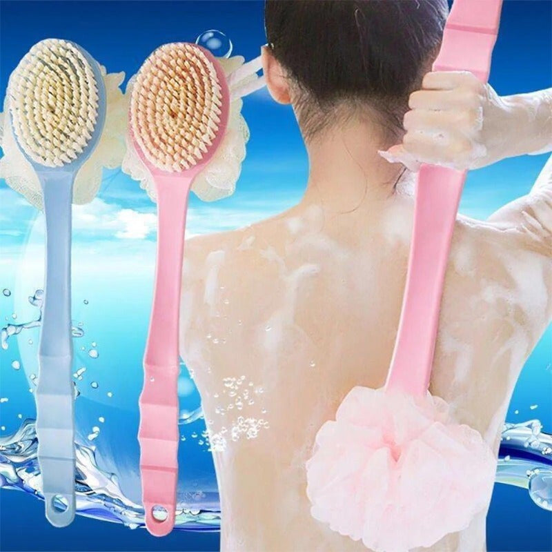 1pc 2-in-1 Dual-Headed Bath Brush with Soft Loofah - Battery-Free Back Scrubber, Dual-Color Heads (Blue & Pink), Ergonomic Handle for Exfoliating & Cleansing, Gentle Light Beige Care for Home & Commercial Use, Bath Accessories, Bathing Accessory, Dualhead