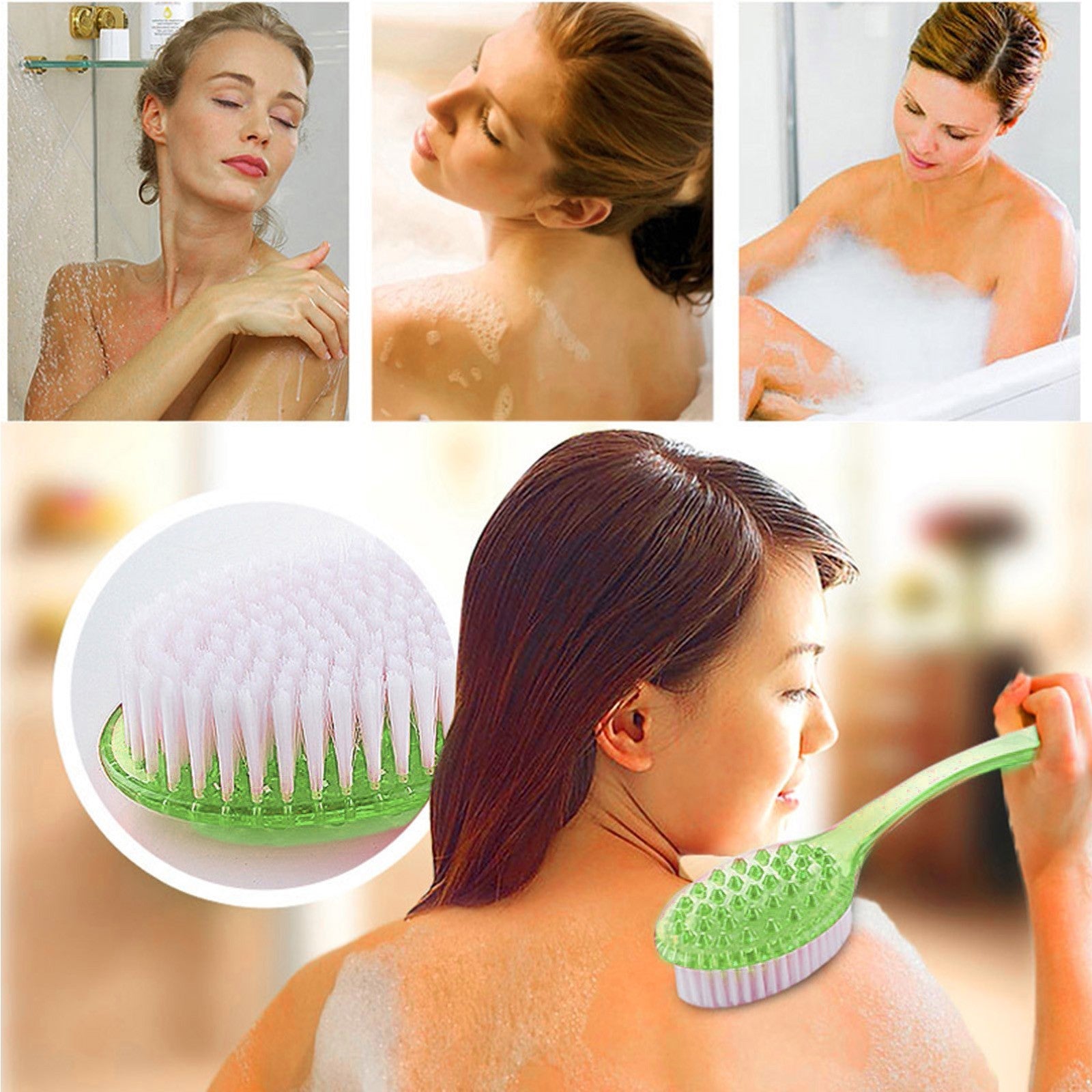 1pc Long Handle Bath & Shower Brush with Exfoliating Bristles - Green Ergonomic Body Massager, Durable Bristles for Deep Cleansing, Light Beige Scrub & Shower/Bath Use - Manual Operation, No Electricity, Easy Storage (Bathroom/Kitchen)